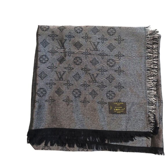LOUIS VUITTON LV Vintage Black & Silver Cashmere Monogram Scarf Shawl Wrap - Picture 9 of 16